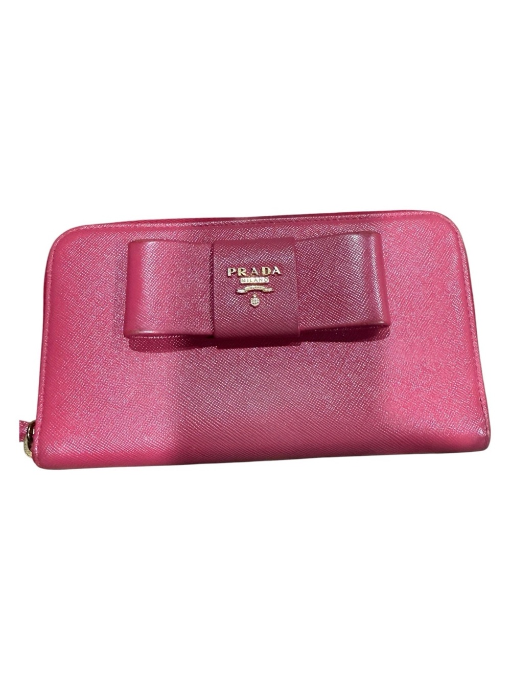 Prada Fuchsia Saffiano Leather Bow Zip Wallet